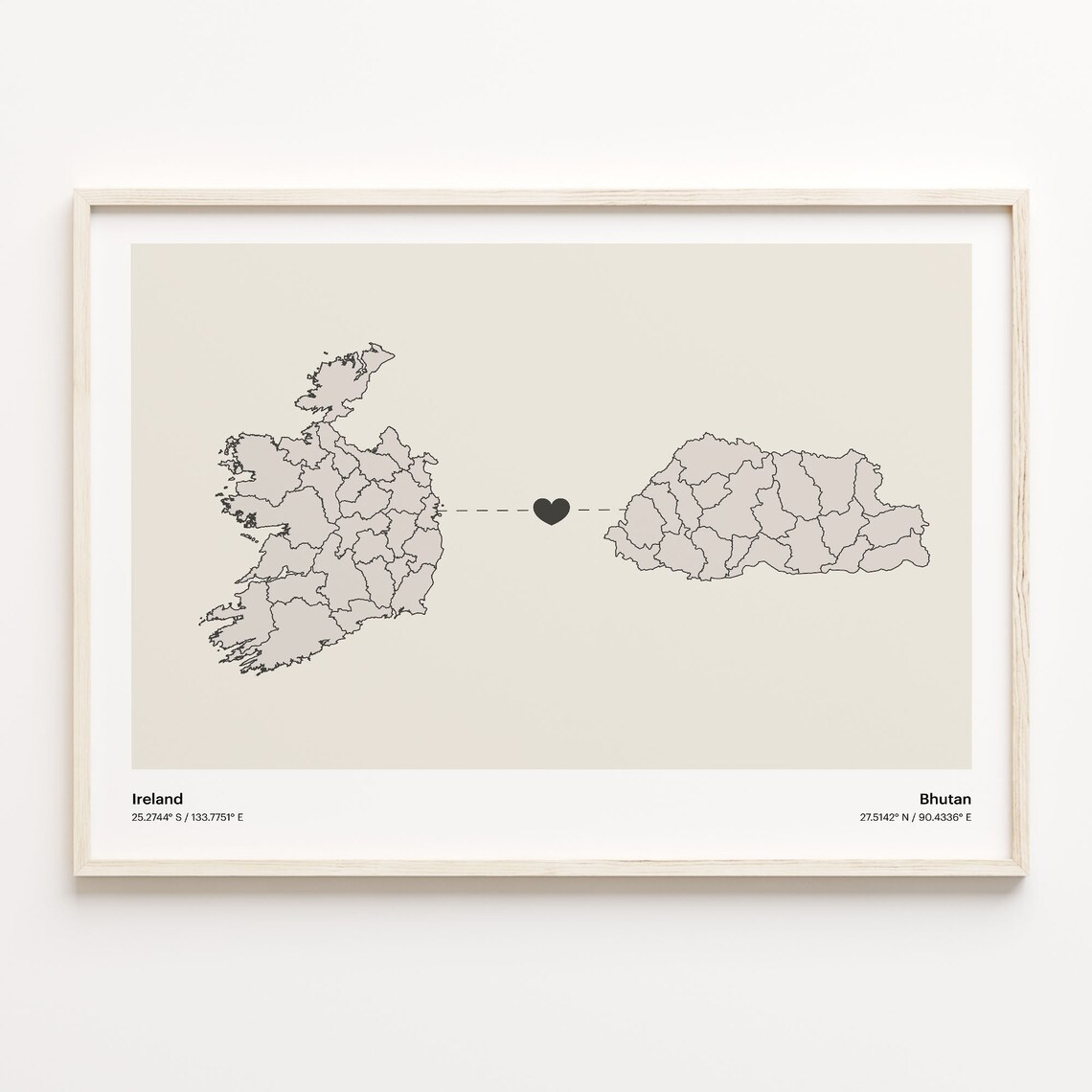 Ireland to Bhutan Heartfelt Long Distance Connection Map Poster