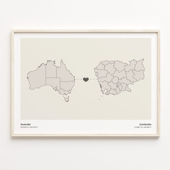 Australia to Cambodia Long Distance Heart Map Connection Poster