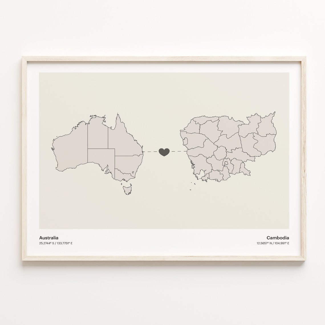 Australia to Cambodia Long Distance Heart Map Connection Poster