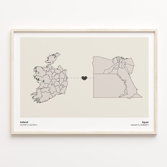 Ireland and Egypt Couple Long Distance Love Heart Map Poster