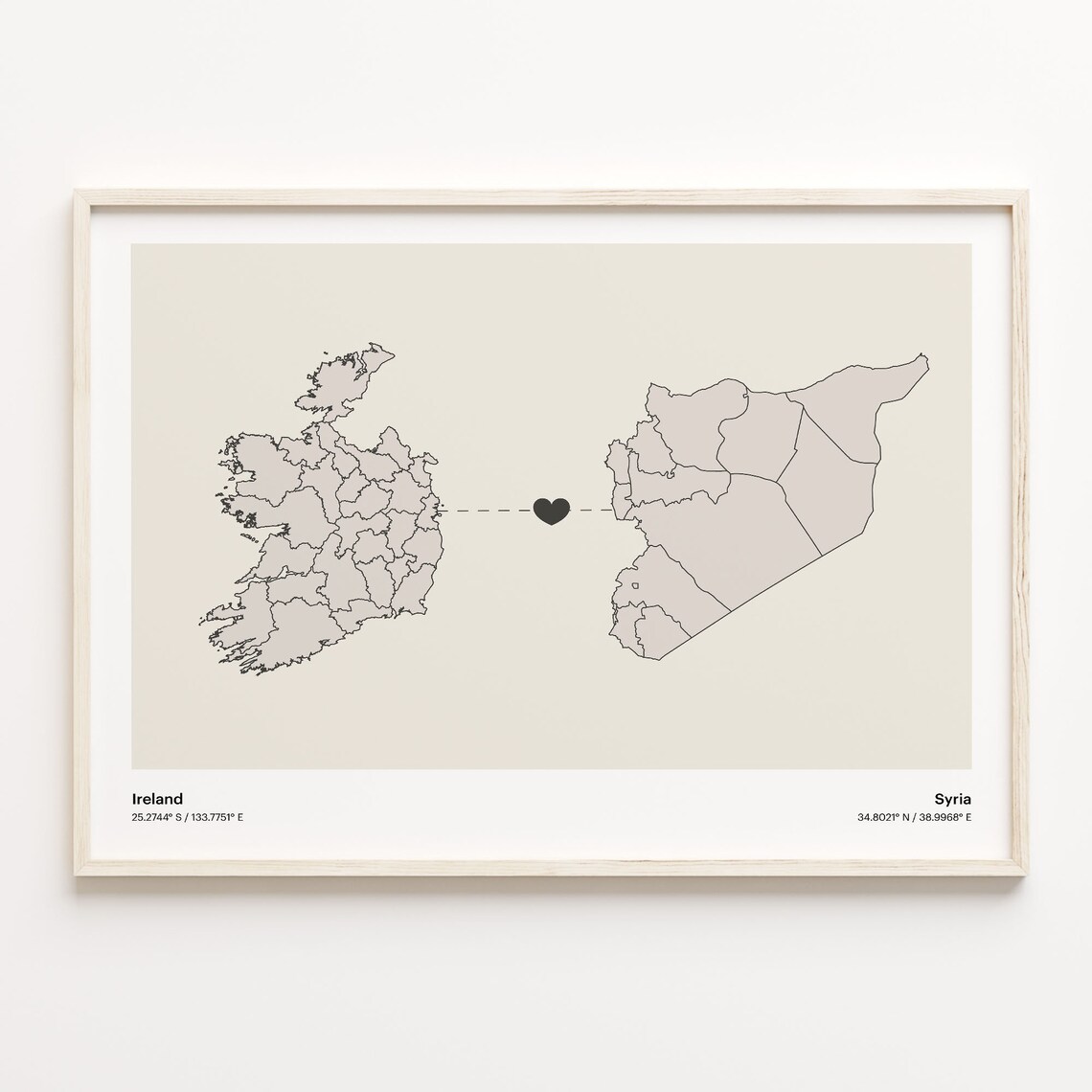Ireland and Syria Couple Long Distance Love Heart Map Poster