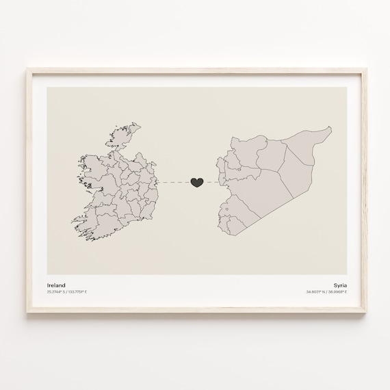 Ireland and Syria Couple Long Distance Love Heart Map Poster
