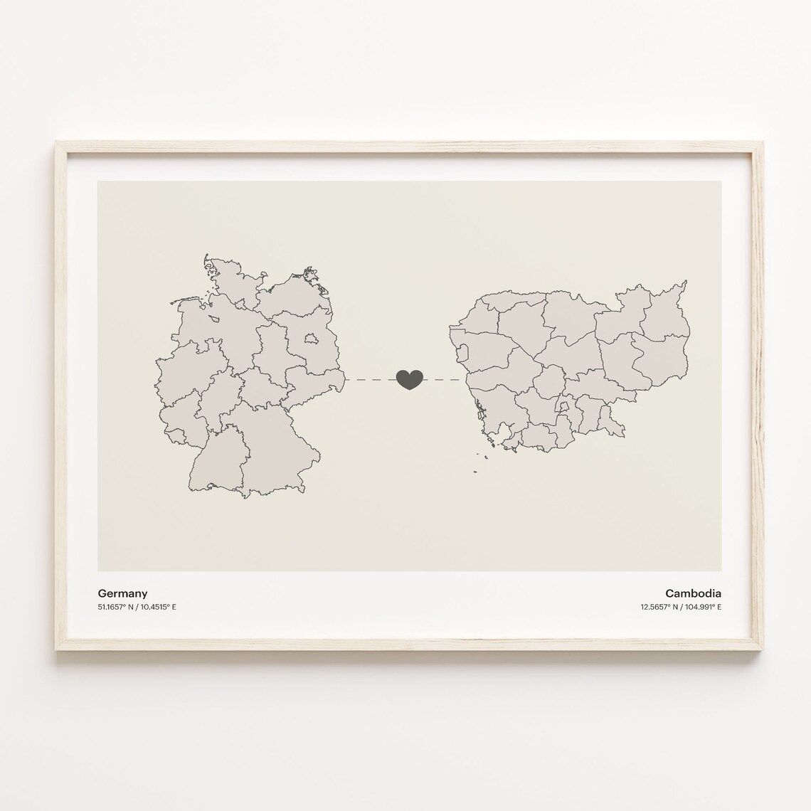 Germany to Cambodia Minimalist Long Distance Heart Map Connection Poster
