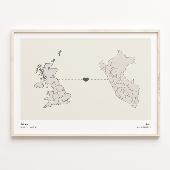 Britain to Peru Minimalist Long Distance Heart Connection Map Poster