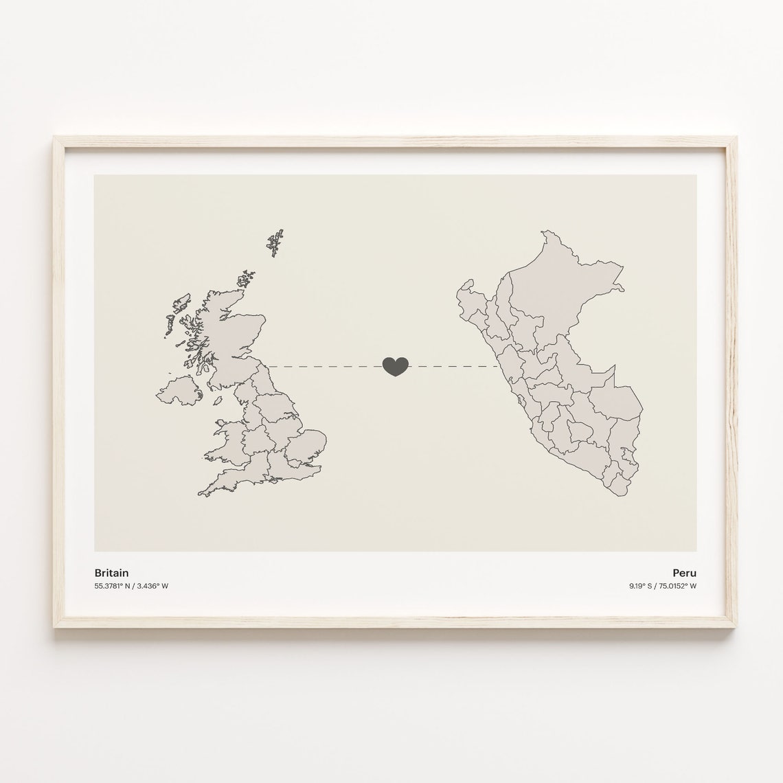 Britain to Peru Minimalist Long Distance Heart Connection Map Poster