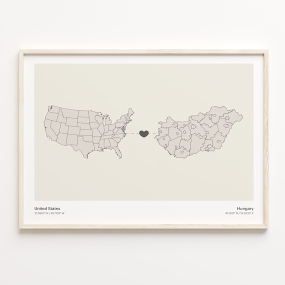 United States to Hungary Minimalist Heart Map Connection Poster