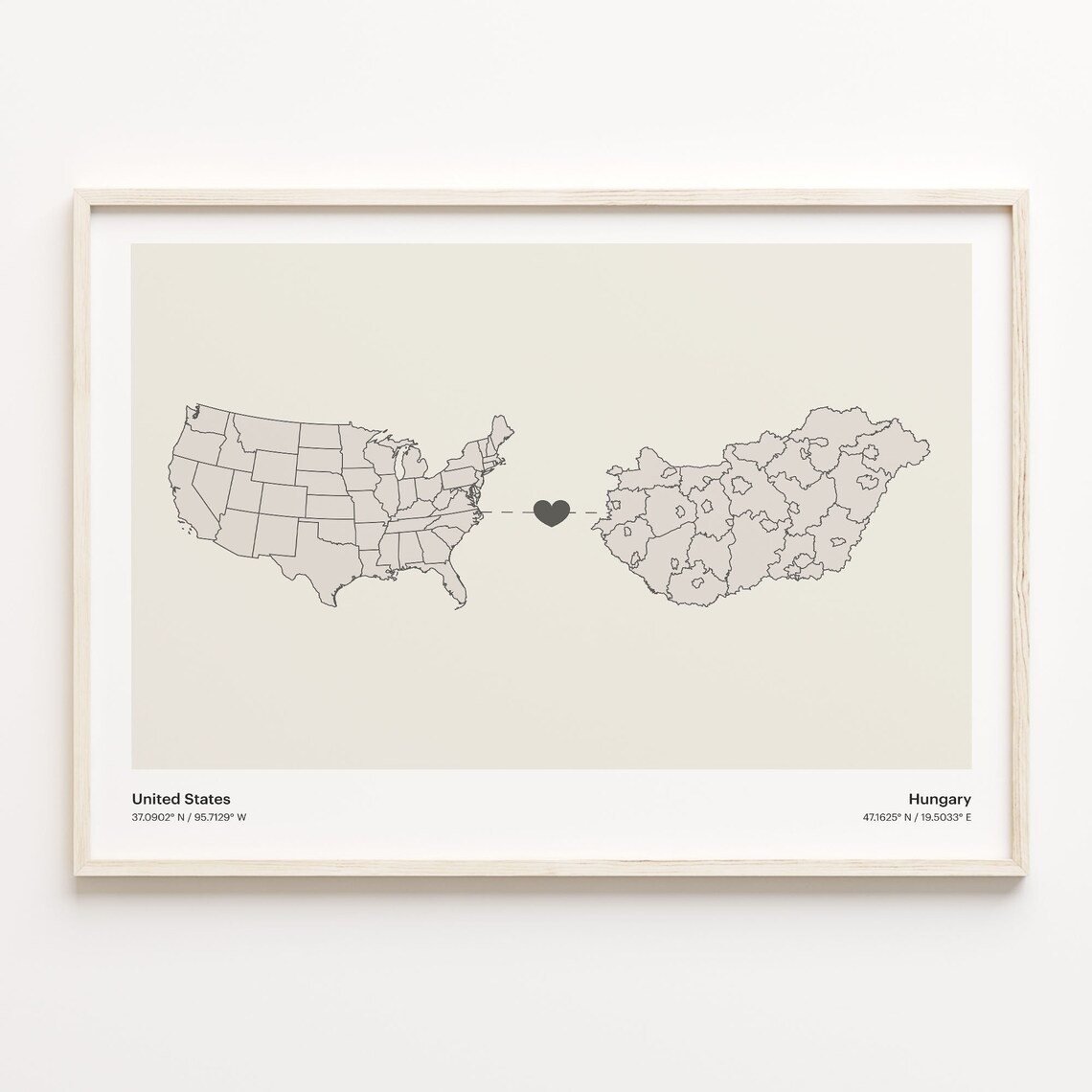 United States to Hungary Minimalist Heart Map Connection Poster