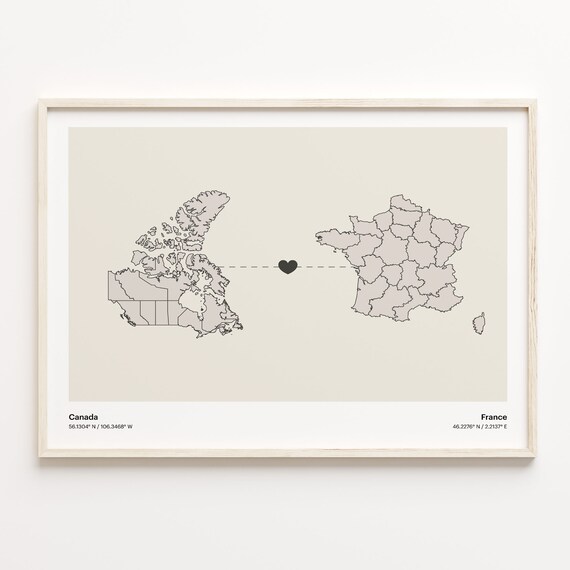 Canada France Heart Connection Map Minimalist Long Distance Gift Poster