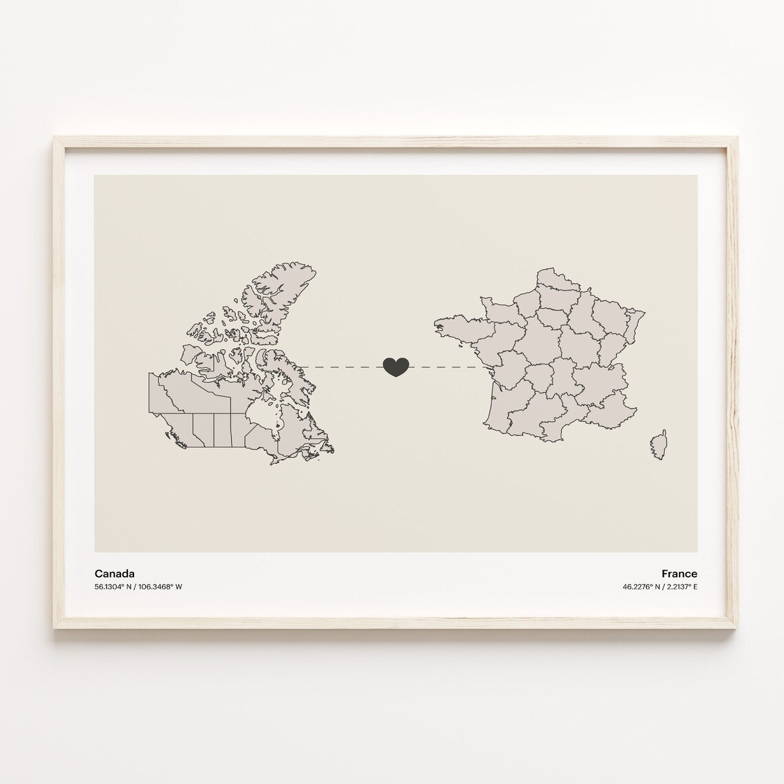 Canada France Heart Connection Map Minimalist Long Distance Gift Poster