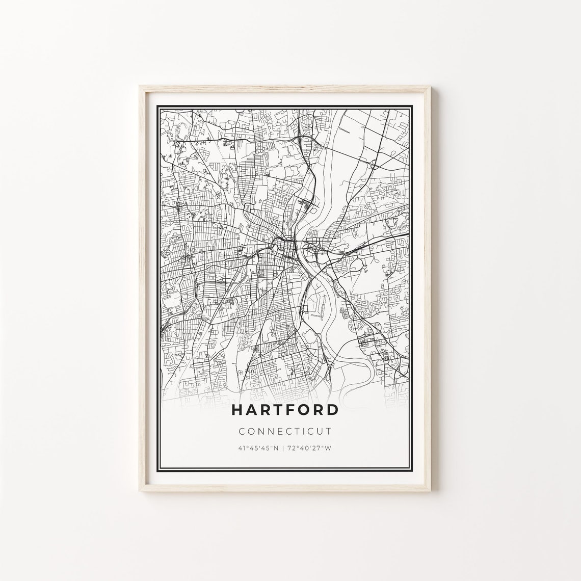 Hartford Connecticut Modern Minimalist Black and White City Map Poster