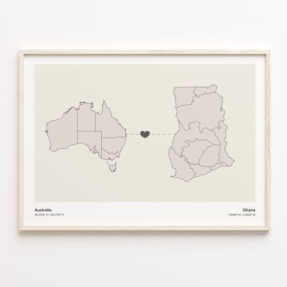 Australia to Ghana Long Distance Heart Map Connection Poster