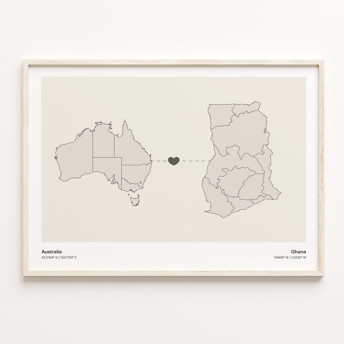 Australia to Ghana Long Distance Heart Map Connection Poster