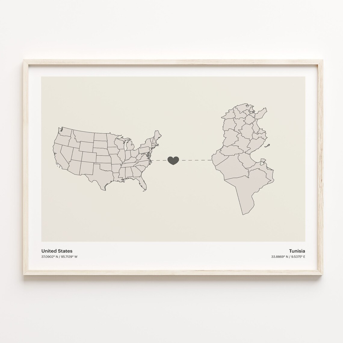 United States to Tunisia Heart Connection Long Distance Map Poster