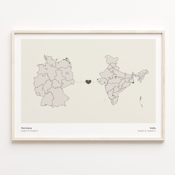Germany To India Minimal Heart Country Connection Map Poster