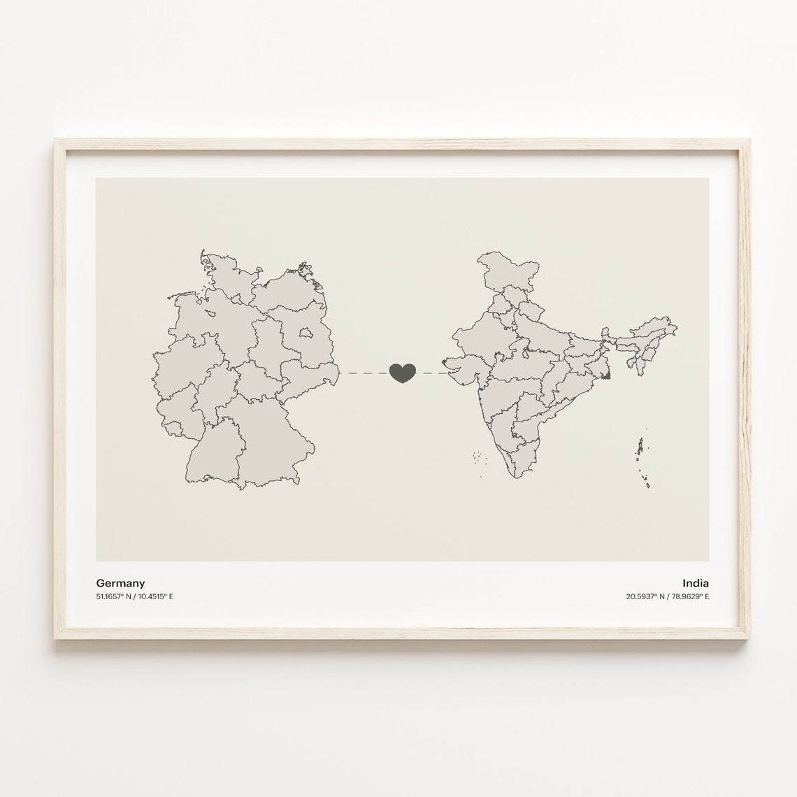 Germany To India Minimal Heart Country Connection Map Poster