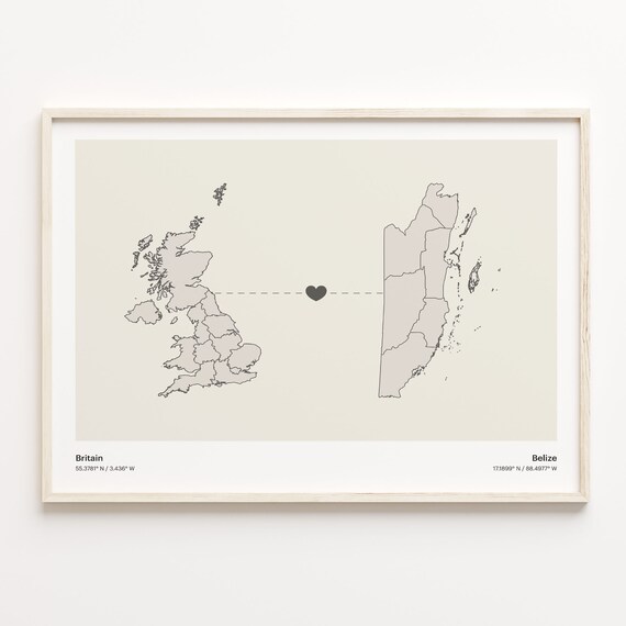 Britain to Belize Caribbean Heart Connection Long Distance Map Poster