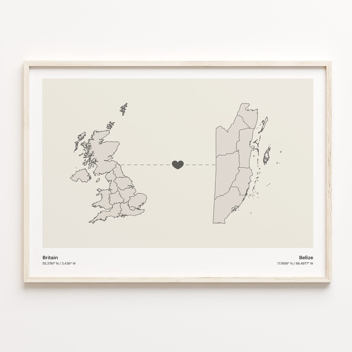 Britain to Belize Caribbean Heart Connection Long Distance Map Poster