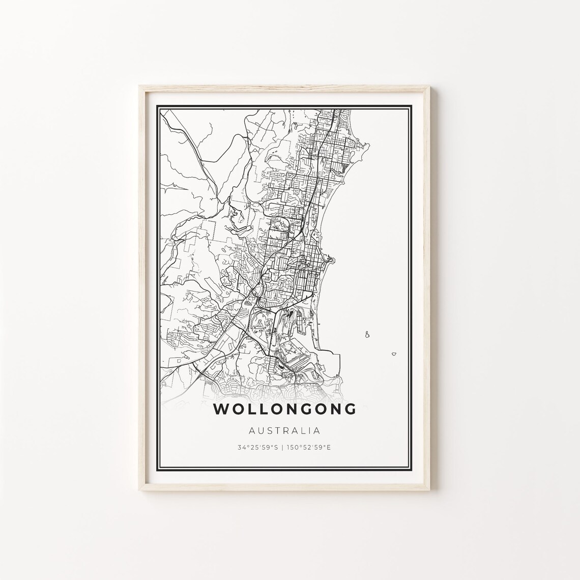Wollongong Australia Modern Black And White Street Map Coordinates Poster