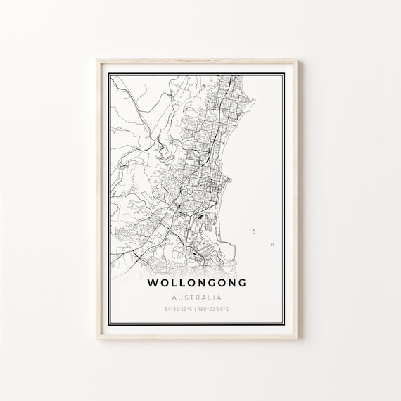 Wollongong Australia Modern Black And White Street Map Coordinates Poster