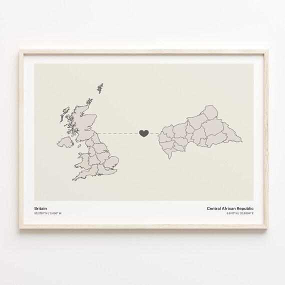 Britain To Central African Republic Minimalist Heart Map Connection Gift Poster