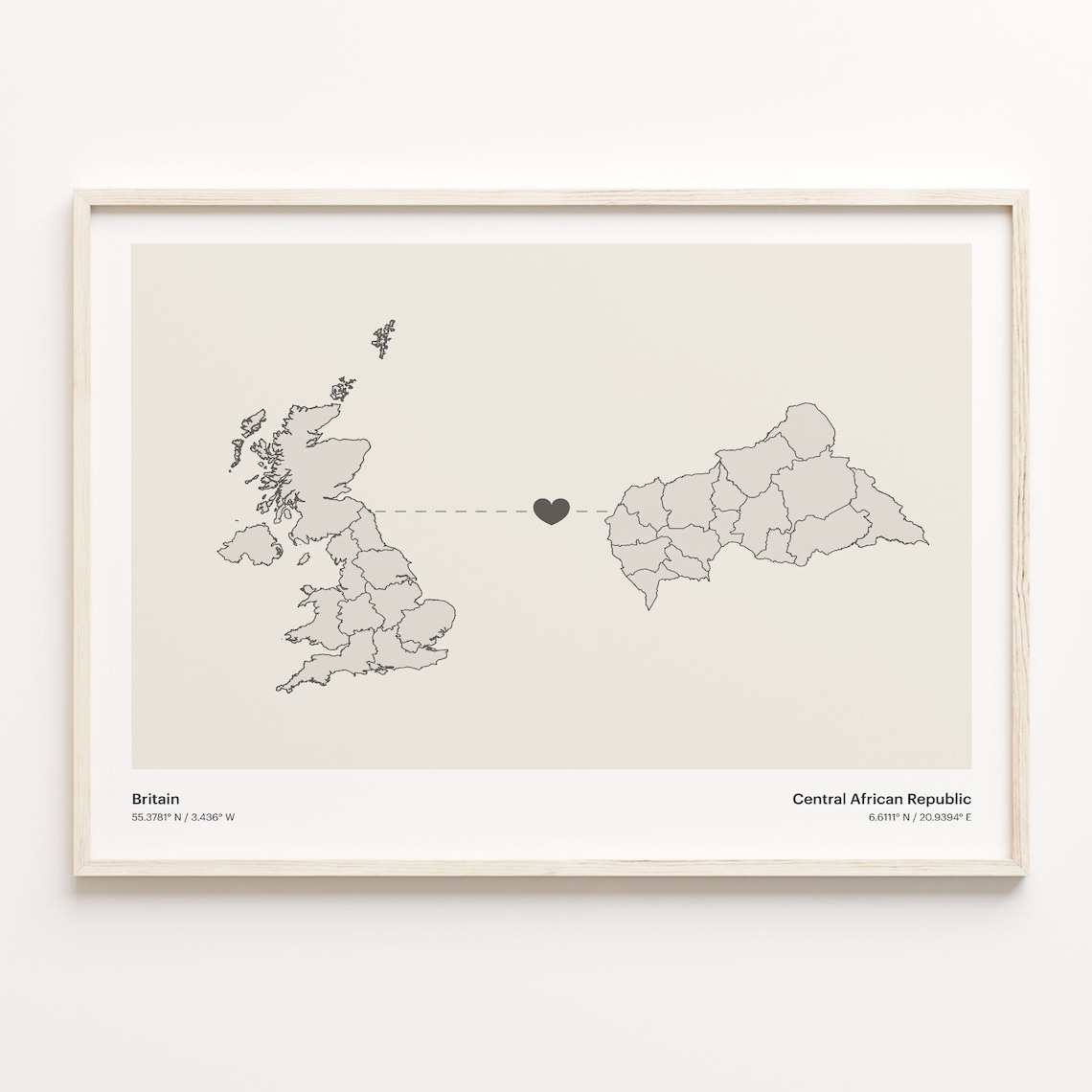 Britain To Central African Republic Minimalist Heart Map Connection Gift Poster
