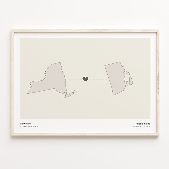 New York to Rhode Island Long Distance Heart Map Minimalist Connection Poster