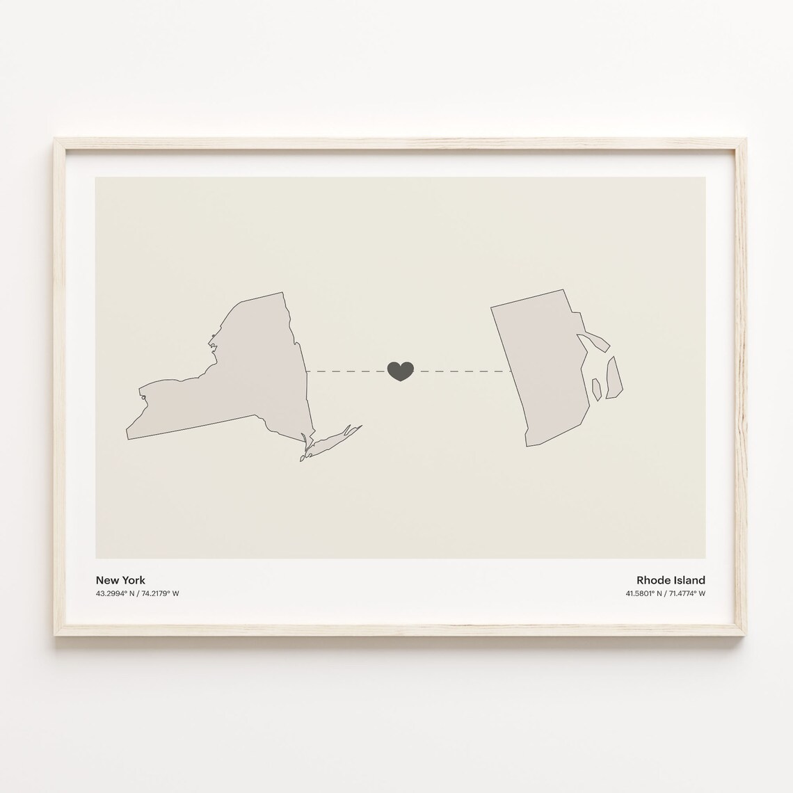 New York to Rhode Island Long Distance Heart Map Minimalist Connection Poster