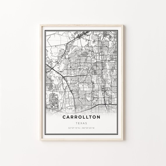Carrollton Texas City Map Black White Street Line Art Minimalist Poster