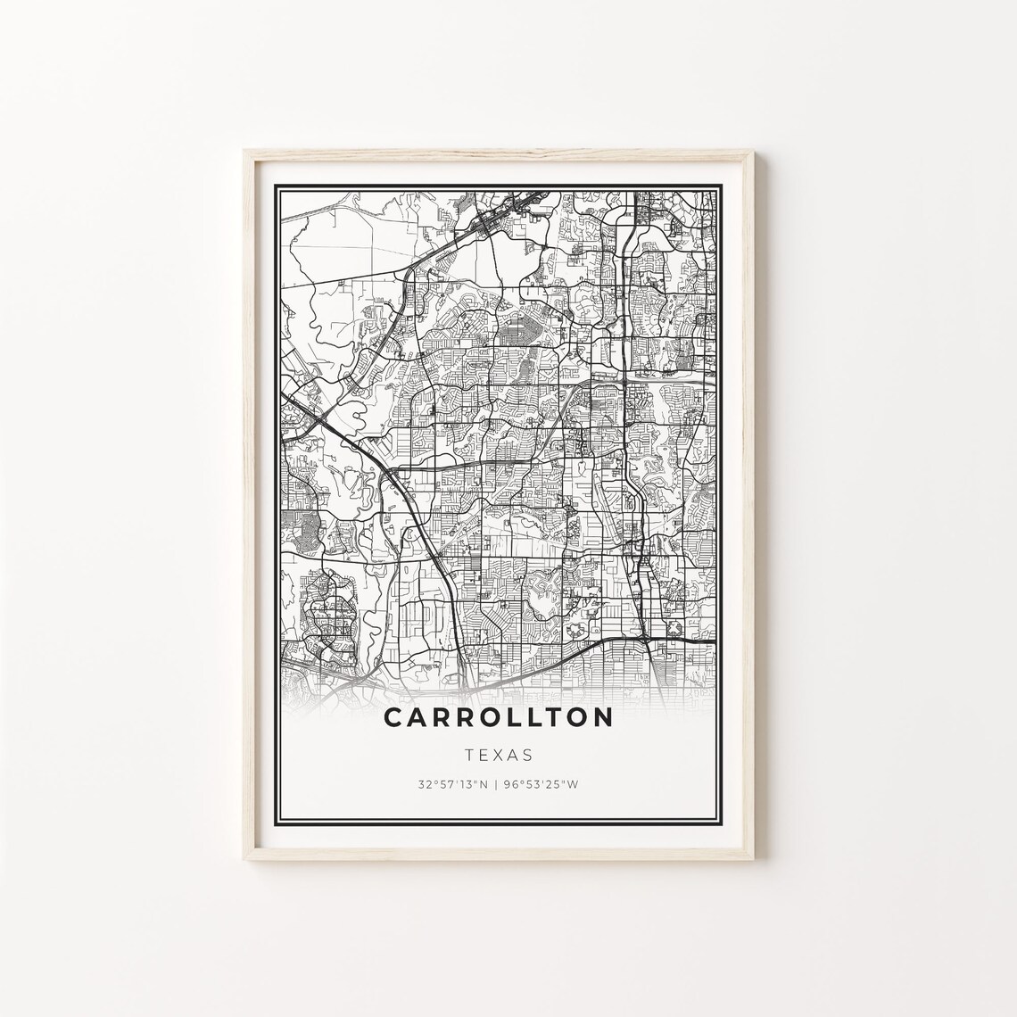 Carrollton Texas City Map Black White Street Line Art Minimalist Poster