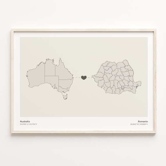 Australia To Romania Minimalist Map Heart Connection Gift Poster