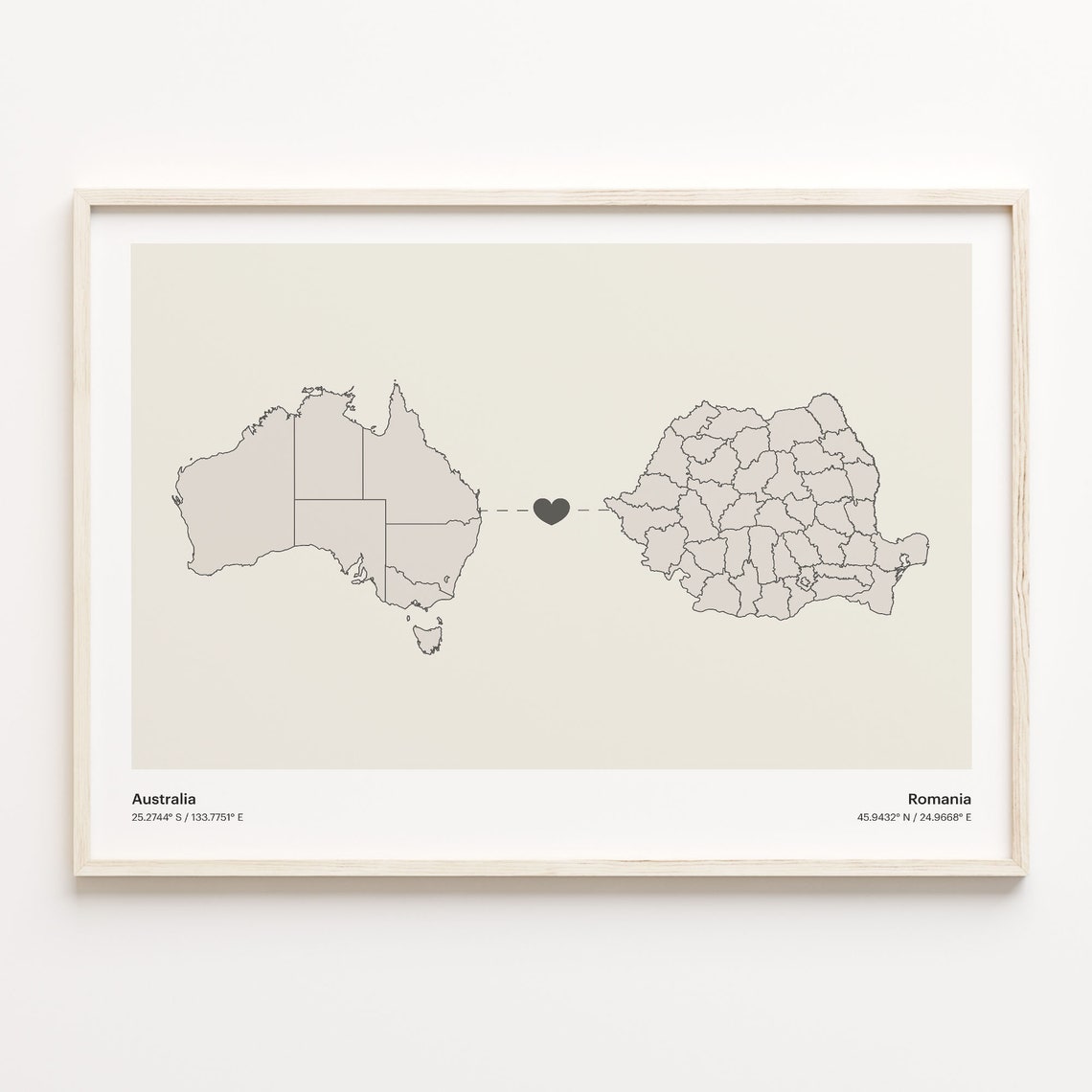 Australia To Romania Minimalist Map Heart Connection Gift Poster