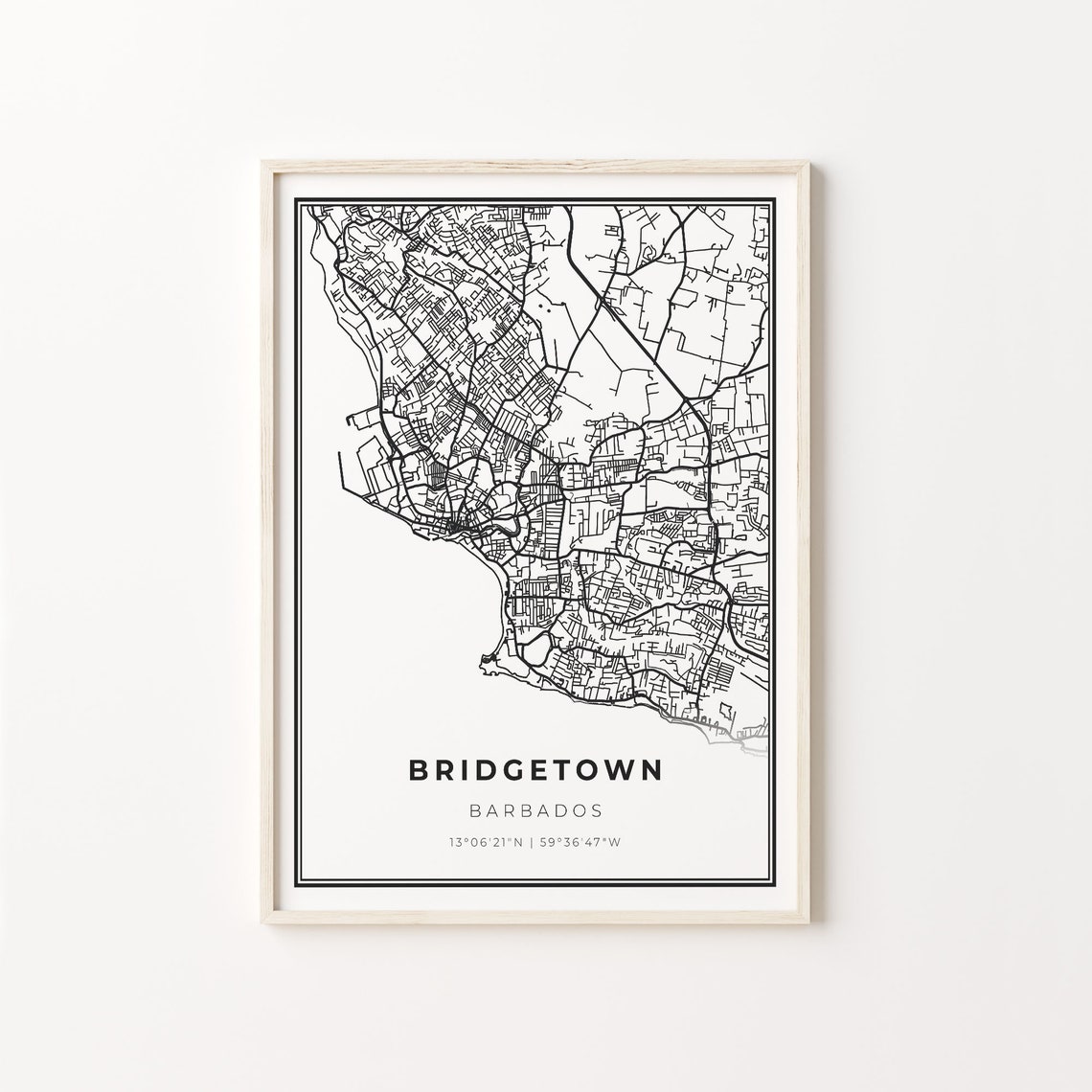 Bridgetown Barbados Modern Minimalist Black White Street Map Poster
