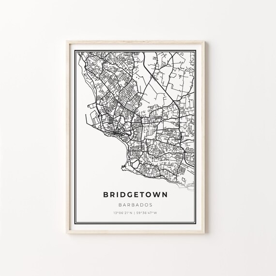 Bridgetown Barbados Modern Minimalist Black White Street Map Poster