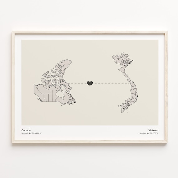 Canada Vietnam Long Distance Love Heart Minimalist Map Poster