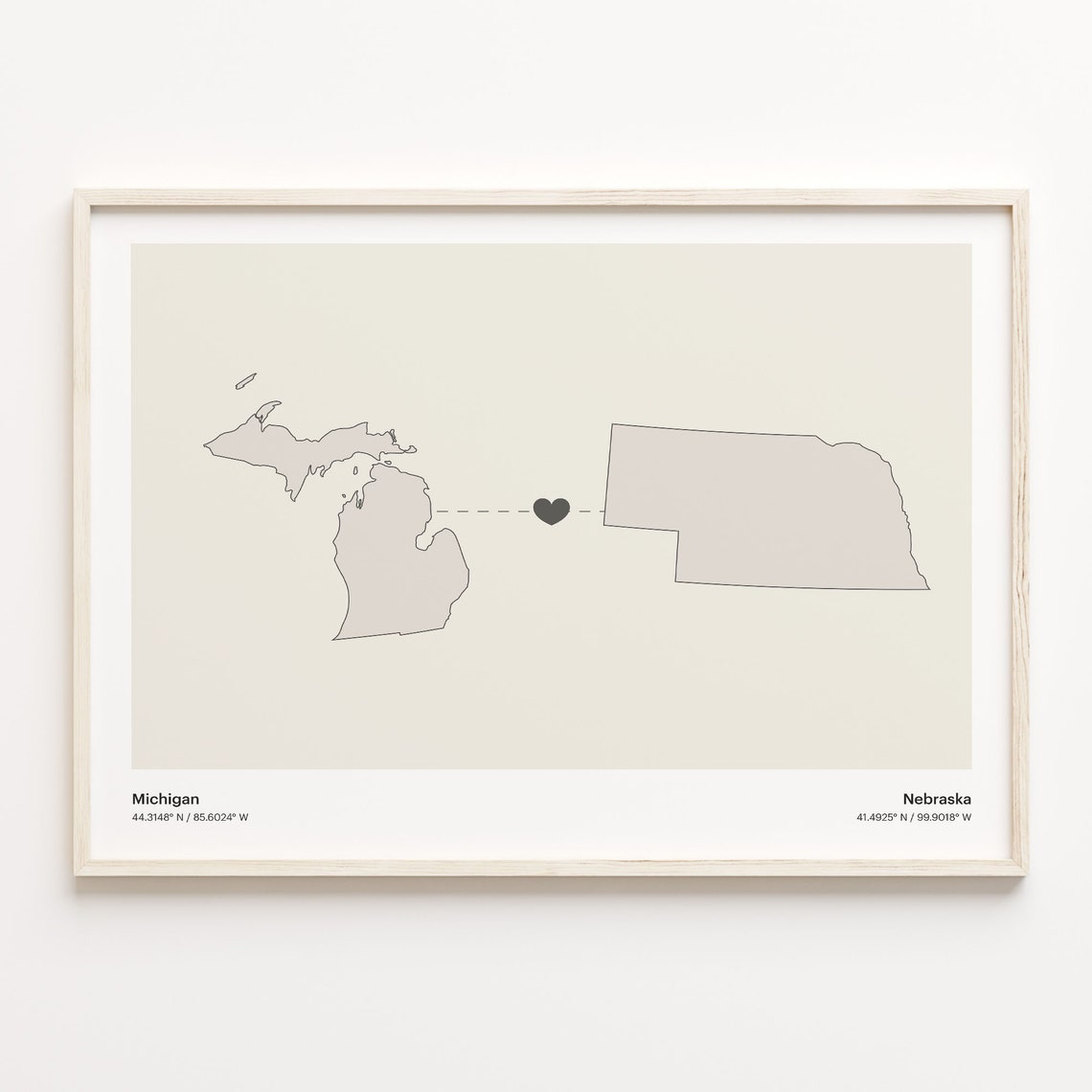 Michigan And Nebraska Long Distance Love Minimalist Heart Map Poster