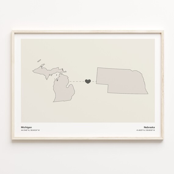 Michigan And Nebraska Long Distance Love Minimalist Heart Map Poster