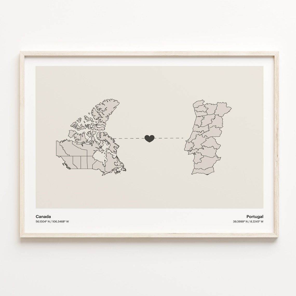 Canada To Portugal Minimalist Love Connection Map Travel Poster