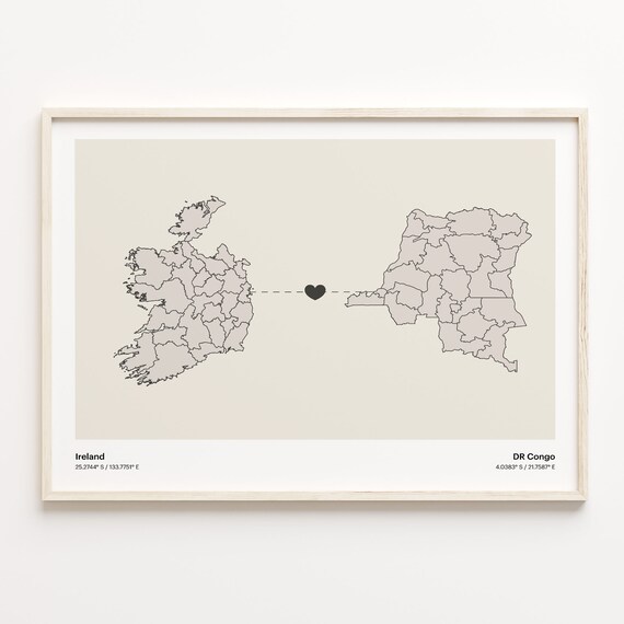 Ireland and DR Congo Long Distance Heart Connection Map Poster