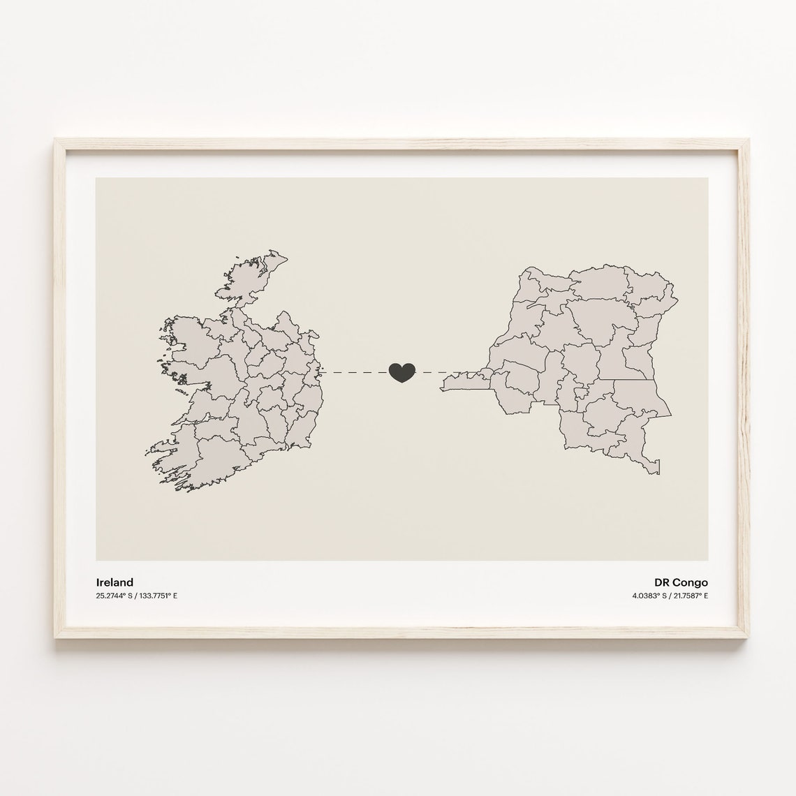 Ireland and DR Congo Long Distance Heart Connection Map Poster