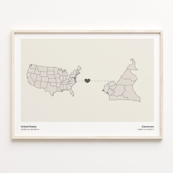United States to Cameroon Heart Connection Long Distance Map Poster