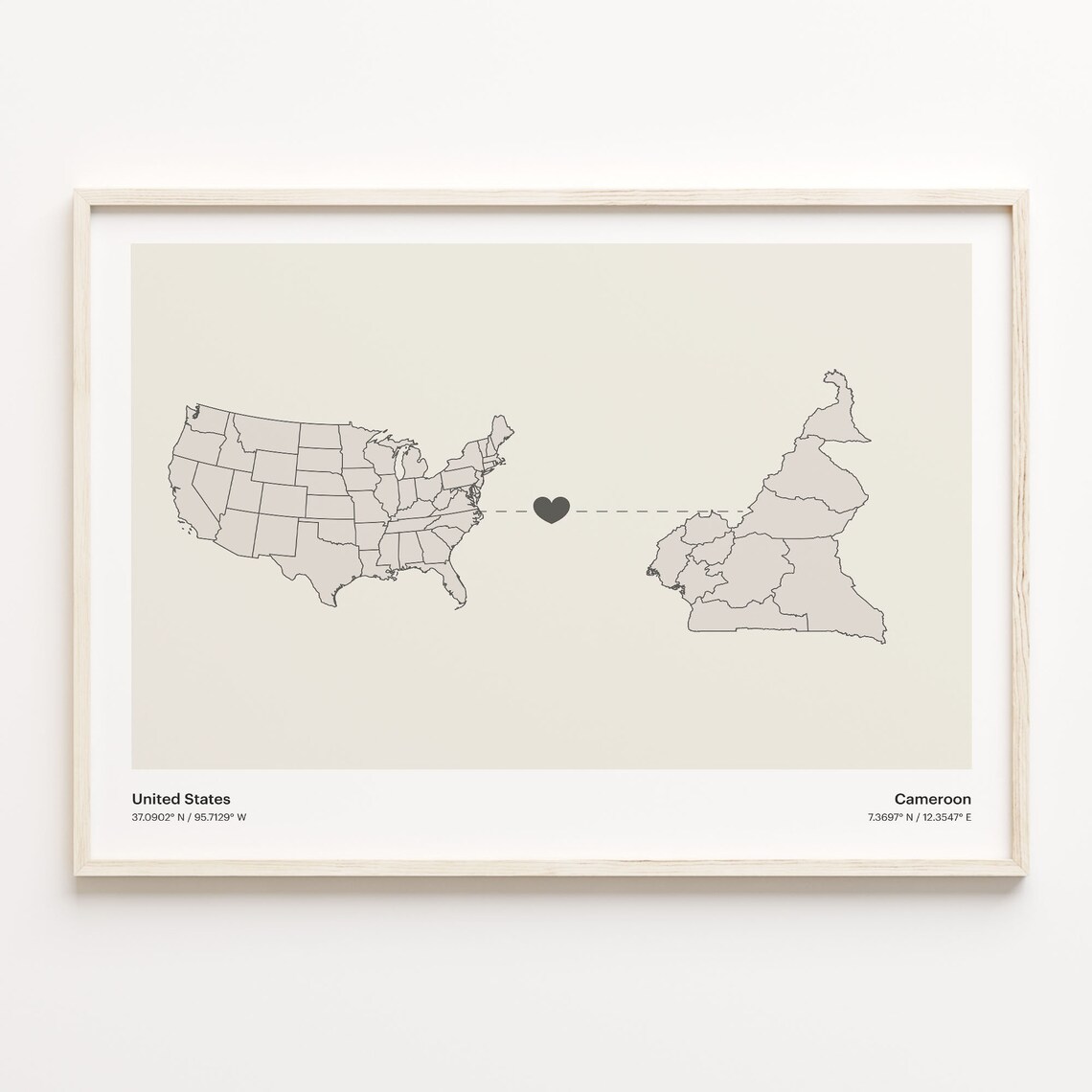 United States to Cameroon Heart Connection Long Distance Map Poster
