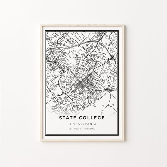 State College City Map Poster, Modern Black and White
