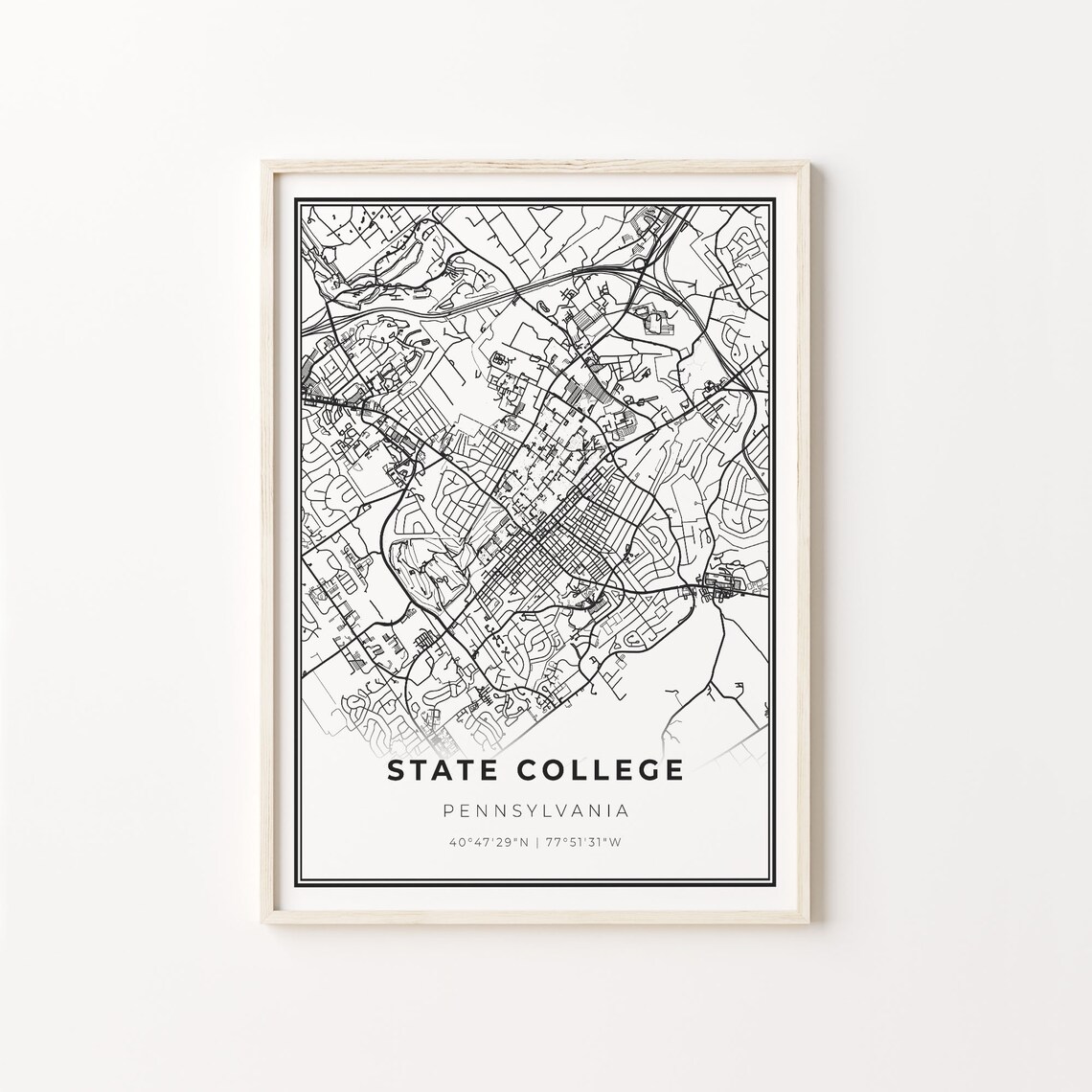 State College City Map Poster, Modern Black and White