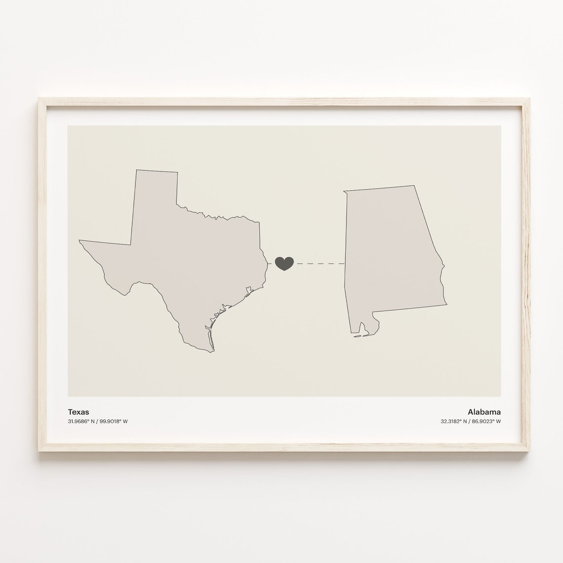 Texas to Alabama Long Distance Heart Map Minimalist Connection Poster