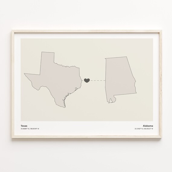 Texas to Alabama Long Distance Heart Map Minimalist Connection Poster