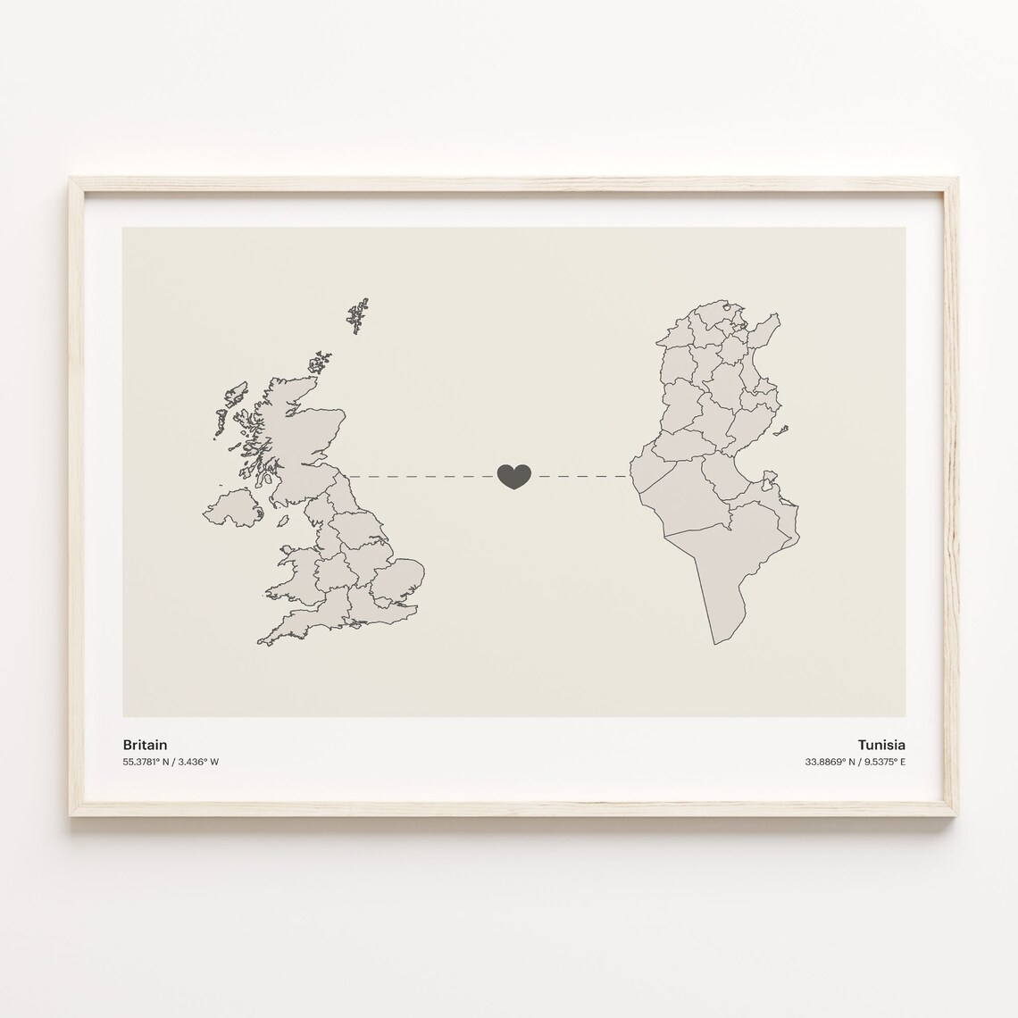 Britain To Tunisia Minimalist Country Heart Connection Map Poster