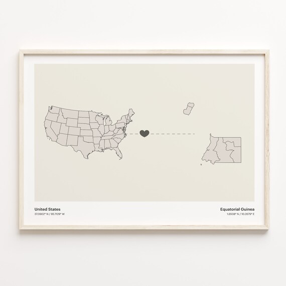 United States to Equatorial Guinea Heart Connection Minimal Map Poster