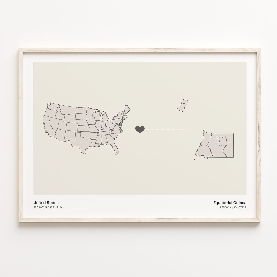 United States to Equatorial Guinea Heart Connection Minimal Map Poster