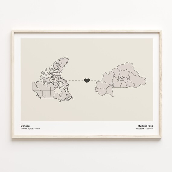 Canada Burkina Faso Heart Connection Map Minimalist Long Distance Gift Poster