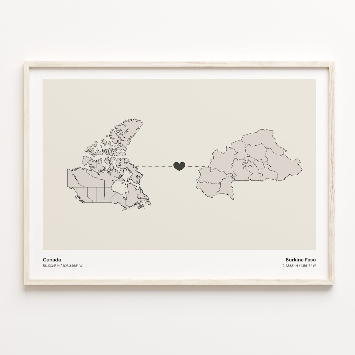 Canada Burkina Faso Heart Connection Map Minimalist Long Distance Gift Poster